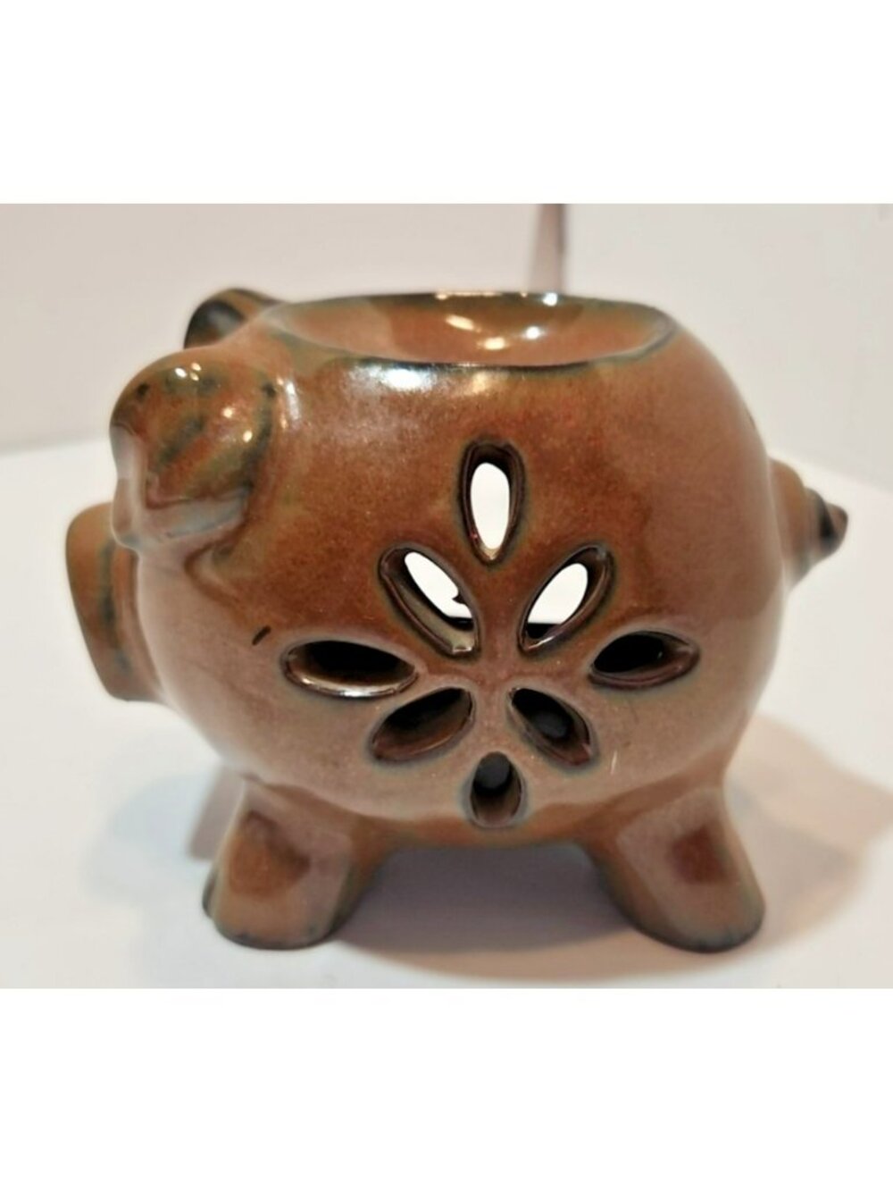 Decorative Brown Pig Tea Light Candle Oil Burner W/ Floral Design On Front